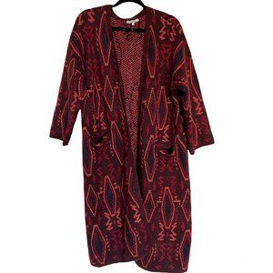 Willow & Clay Jacquard Long Cardigan Burgundy Aztec Southwestern Tribal